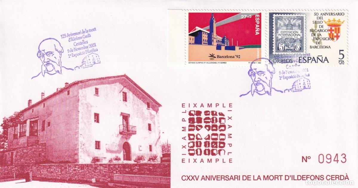 Sellos: Sobre Centelles 2001 - 125 Aniversari mort Ildefons Cerd&agrave; - 1&ordf; Exposici&oacute; filat&egrave;lica - Eixample