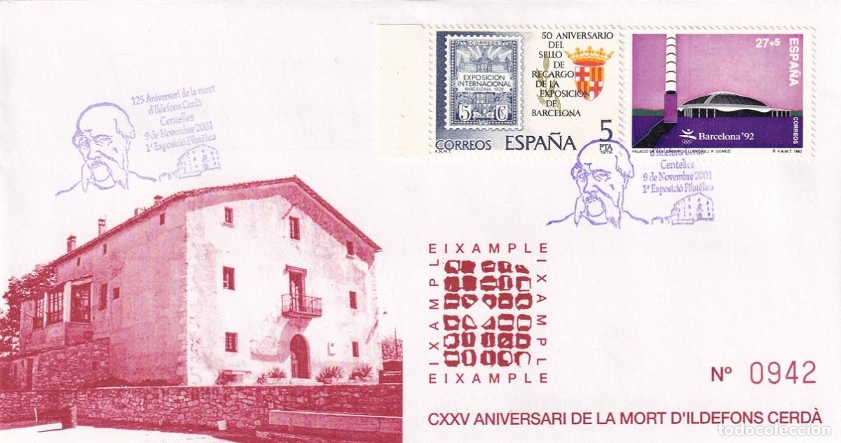 Sellos: Sobre Centelles 2001 - 125 Aniversari mort Ildefons Cerd&agrave; - 1&ordf; Exposici&oacute; filat&egrave;lica - Eixample