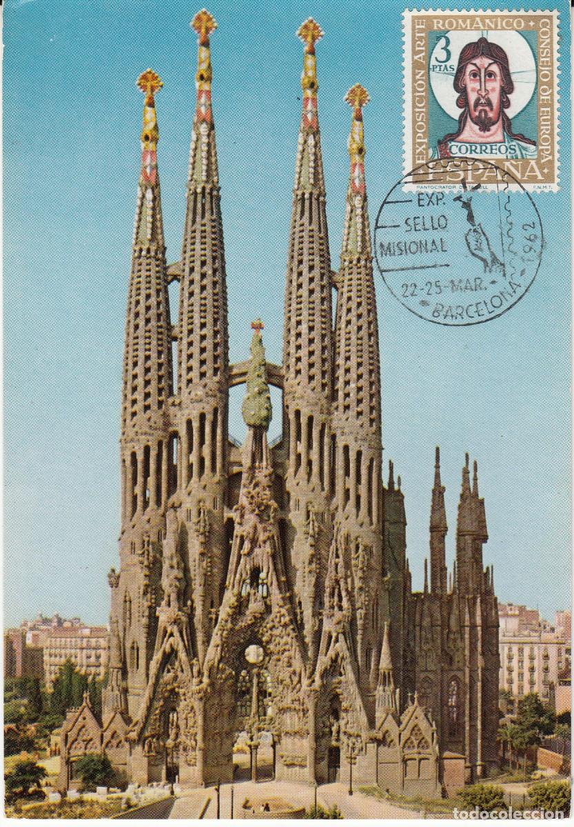 Sellos: POSTAL DE LA SAGRADA FAMILIA ( ANTONI GAUD&Iacute;) CON SELLO ARTE ROM&Aacute;NICO Y MATASELLOS SELLO MISIONAL