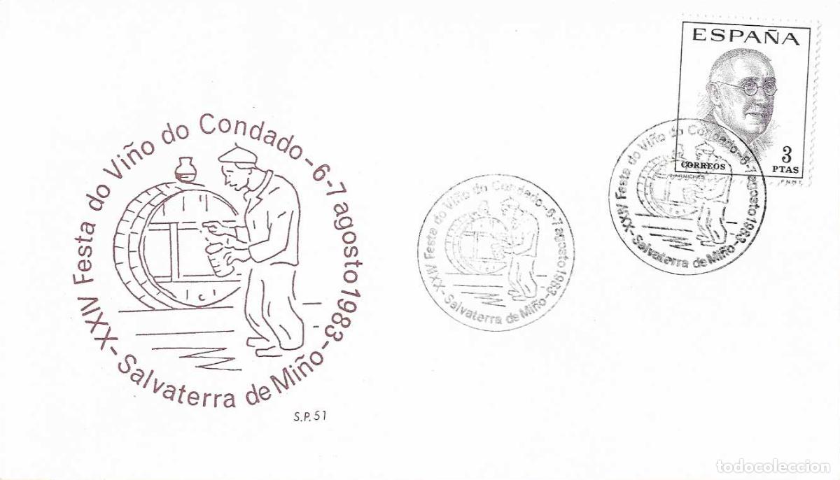 Sellos: VINO XXIV FESTA DO VI&Ntilde;O CONDADO SALVATERRA DE MI&Ntilde;O (PONTEVEDRA) 1983. RARO MATASELLOS EN TARJETA SP