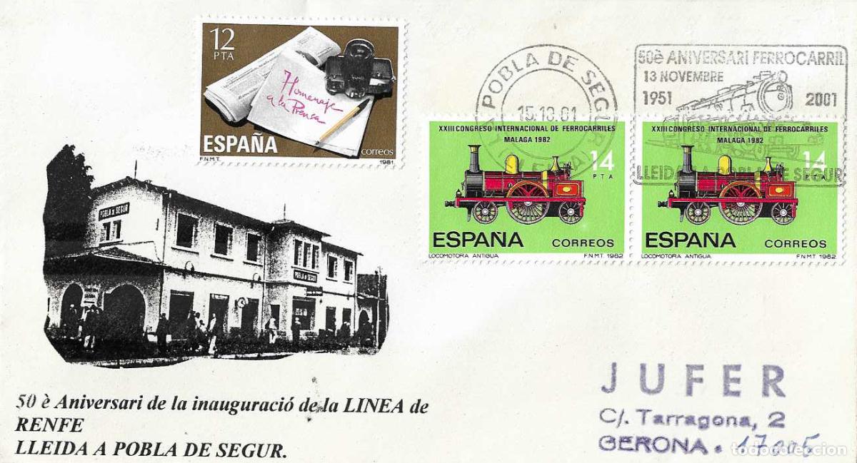 Sellos: TRENES LLEIDA-LA POBLA DE SEGUR 50 ANIV FERROCARRIL, POBLA SEGUR (LERIDA) 2001 MATASELLOS RODILLO EN