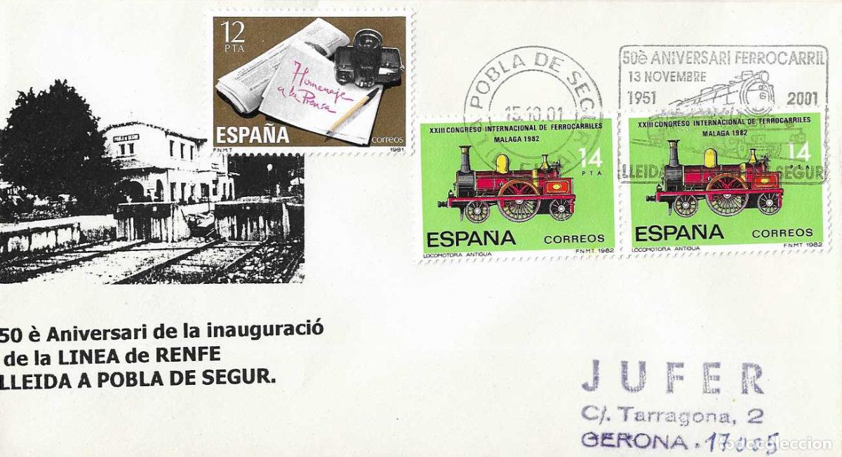 Sellos: TRENES LLEIDA-LA POBLA DE SEGUR 50 ANIV FERROCARRIL, POBLA SEGUR (LERIDA) 2001 MATASELLOS RODILLO EN