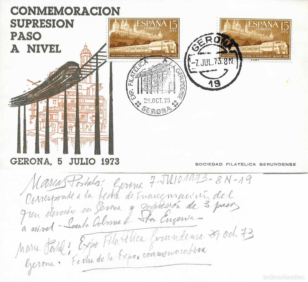 Sellos: GERONA 7 JULIO 1973 INAUGURACION FERROCARRIL ELEVADO Y SUPRESION PASOS A NIVEL SOBRE SFG+TARJETA VER