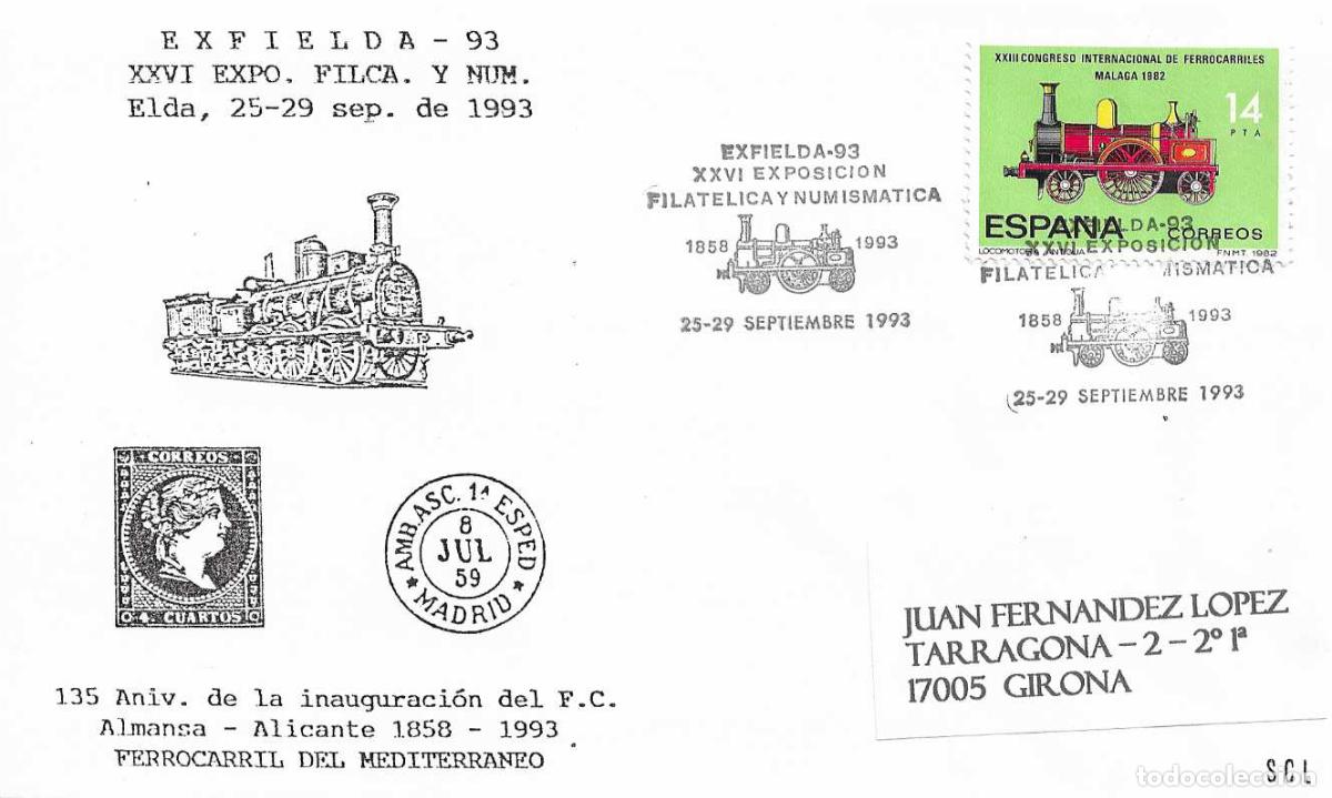 Sellos: TRENES 135 ANIVERSARIO LLEGADA FERROCARRIL, ELDA (ALICANTE) 1993. RARO MATASELLOS EN SOBRE ILUSTRADO