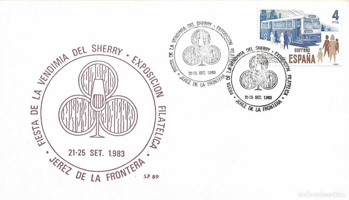 Sellos: VINO VENDIMIA XXXVI FIESTA DEL SHERRY, JEREZ FRONTERA (CADIZ) 1983. RARO MATASELLOS EN TARJETA DE SP