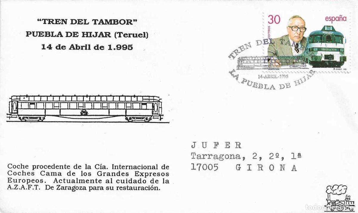 Sellos: TRENES FERROCARRIL TREN DEL TAMBOR, LA PUEBLA DE HIJAR (TERUEL) 14 ABRIL 1995. MATASELLOS RARO SOBRE