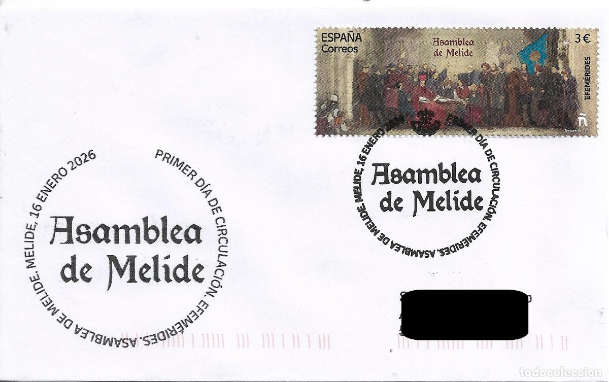 Sellos: ESPA&Ntilde;A. SOBRE PRIMER DIA. ASAMBLEA DE MELIDE. 2026