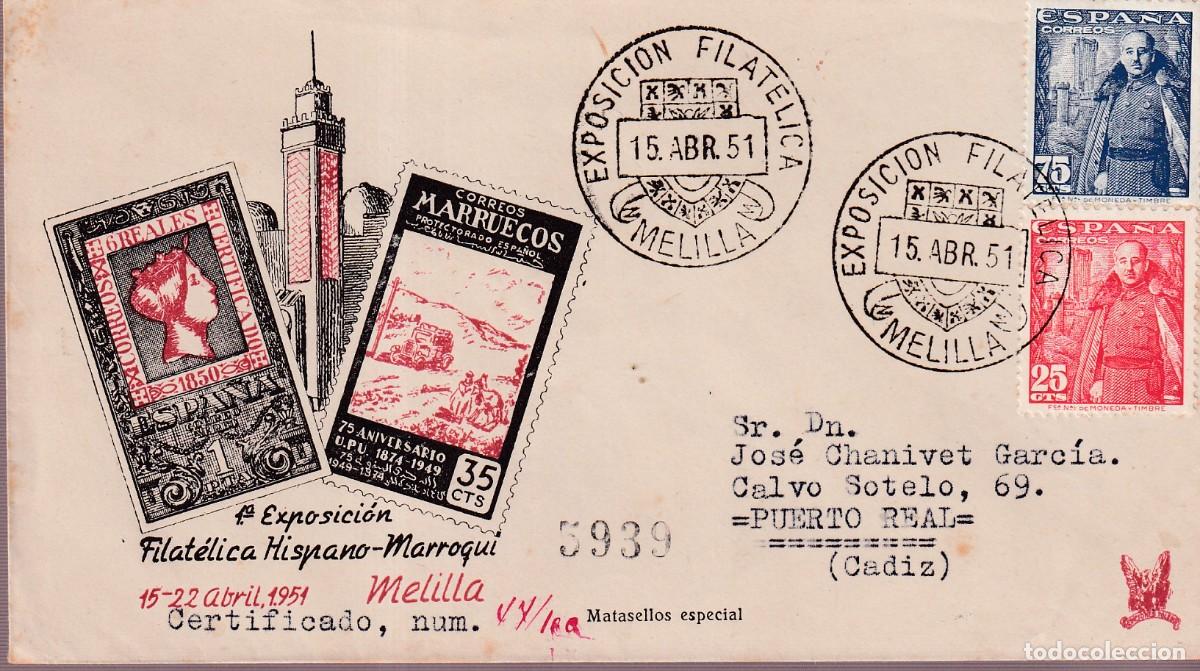 Sellos: MELILLA 1951 - I EXPOSICION FILATELICA HISPANO MARROQUI - CIRCULADA - CERTIFICADO