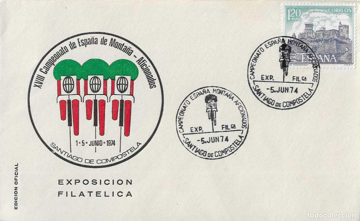 Sellos: CICLISMO CAMPEONATO MONTA&Ntilde;A, SANTIAGO DE COMPOSTELA (LA CORU&Ntilde;A) 2 JUNIO 1974. MATASELLOS RARO SOBRE
