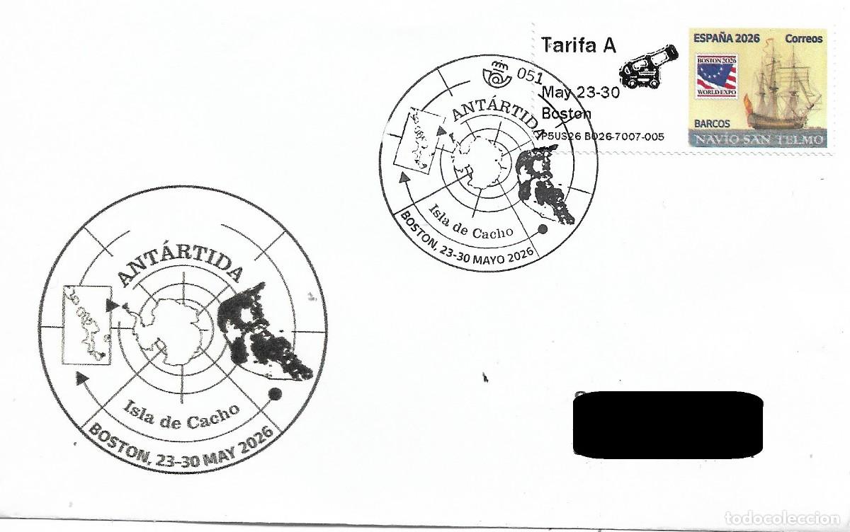 Sellos: ESPA&Ntilde;A. MATASELLOS ESPECIAL. ANTARTIDA. ISLA DE CACHO. BOSTON 2026. ATM