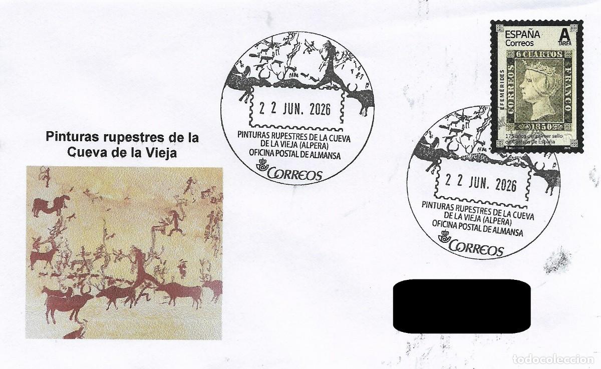 Sellos: ESPA&Ntilde;A. MATASELLOS ESPECIAL. PINTURAS RUPESTRES DE LA CUEVA DE LA VIEJA. ALMANSA. 2026