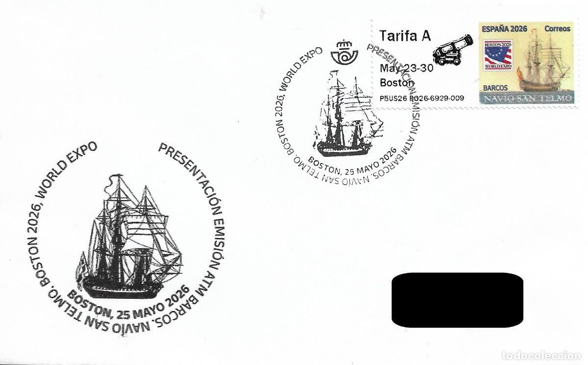Sellos: ESPA&Ntilde;A. MATASELLOS ESPECIAL. NAVIO SAN TELMO. BOSTON. 2026. ATM