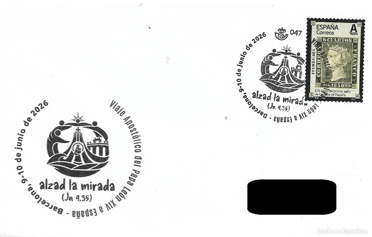 Sellos: ESPA&Ntilde;A. MATASELLOS ESPECIAL. VIAJE DEL PAPA LEON XIV A ESPA&Ntilde;A. BARCELONA. 2026