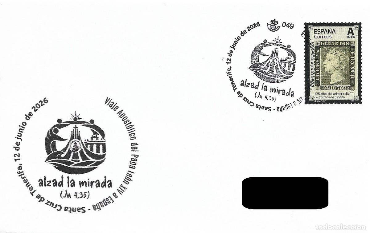 Sellos: ESPA&Ntilde;A. MATASELLOS ESPECIAL. VIAJE DEL PAPA LEON XIV A ESPA&Ntilde;A. SANTA CRUZ DE TENERIFE. 2026