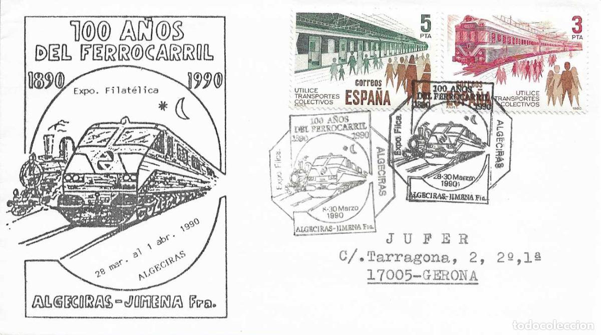 Sellos: TRENES 100 A&Ntilde;OS FERROCARRIL JIMENA DE LA FRONTERA, ALGECIRAS CADIZ 1990. MATASELLOS RARO SOBRE ILUST