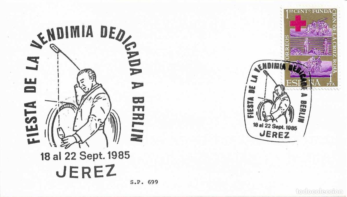 Sellos: VINO FIESTA VENDIMIA DEDICADA A BERLIN, JEREZ DE LA FRONTERA (CADIZ) 1985 MATASELLOS TARJETA SP RARO