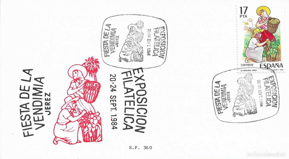 Sellos: VINO FIESTA VENDIMIA EXPOSICION, JEREZ DE LA FRONTERA (CADIZ) 1984. MATASELLOS TARJETA SP RARO VER