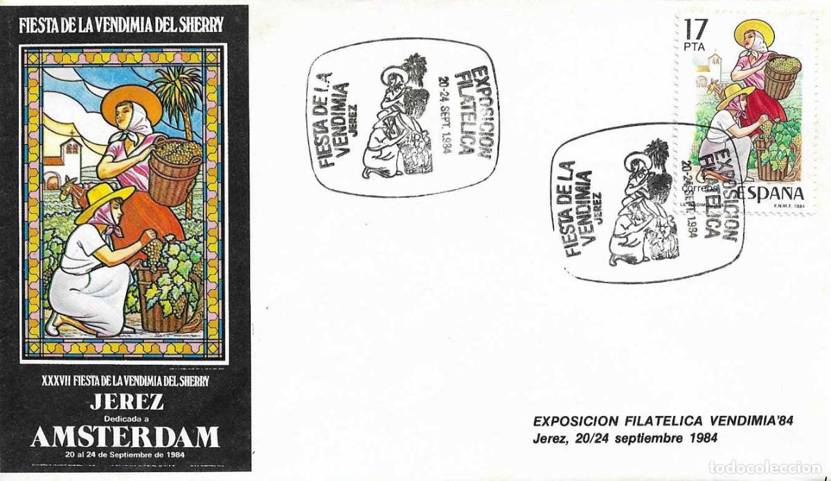 Sellos: VINO FIESTA VENDIMIA EXPOSICION, JEREZ DE LA FRONTERA (CADIZ) 1984. MATASELLOS RARO SOBRE ILUSTRADO