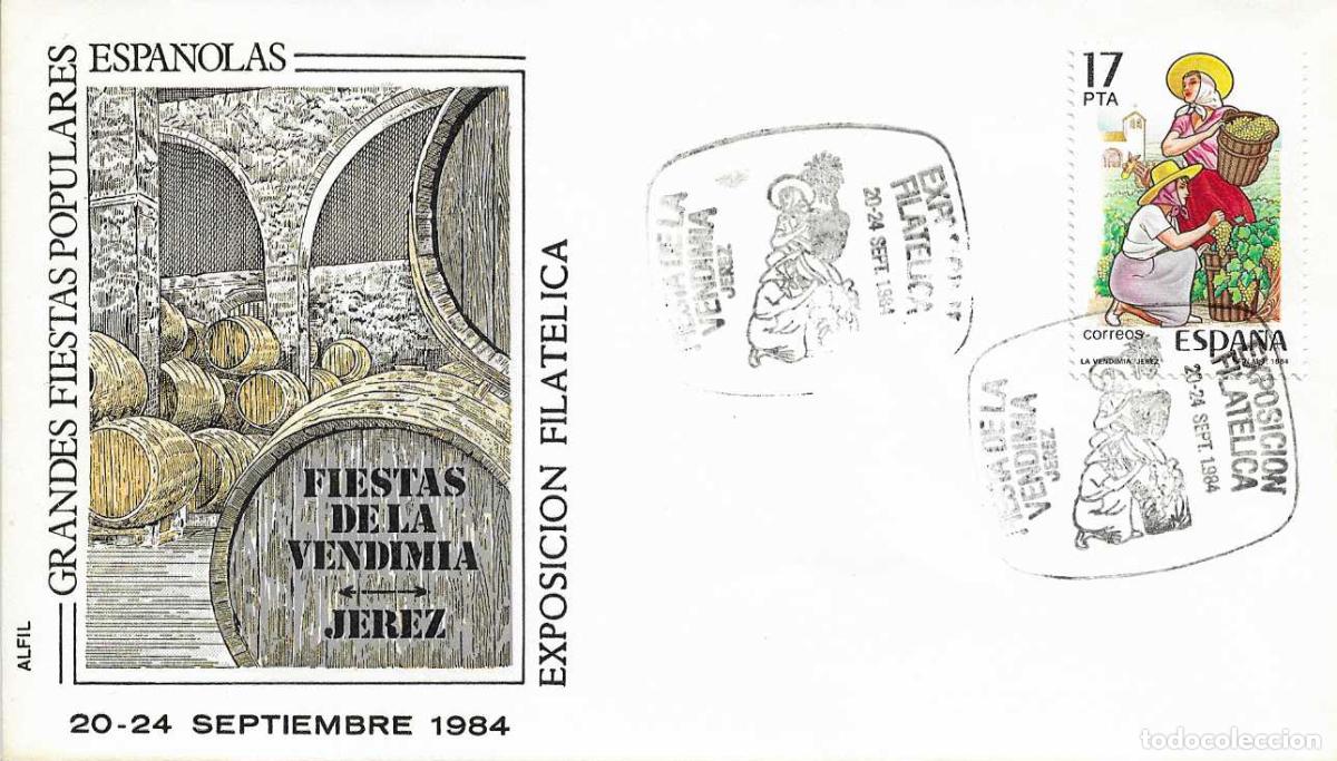 Sellos: VINO FIESTA VENDIMIA EXPOSICION, JEREZ DE LA FRONTERA (CADIZ) 1984. MATASELLOS EN SOBRE ALFIL RARO