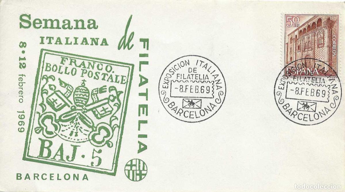 Sellos: EXPOSICION ITALIANA DE FILATELIA, BARCELONA 8 FEBRERO 1969. MATASELLOS EN SOBRE SIN CIRCULAR EG RARO
