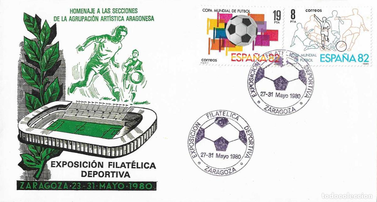 Sellos: FUTBOL EXPOSICION FILATELICA DEPORTIVA, ZARAGOZA 1980. MATASELLOS EN RARO SOBRE ESTADIO LA ROMAREDA