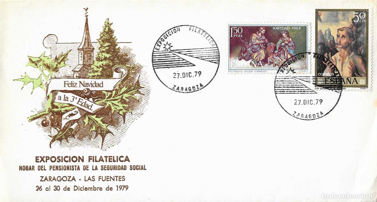 Sellos: NAVIDAD HOGAR PENSIONISTA S SOCIAL LAS FUENTES EXPOSICION, ZARAGOZA 1979. MATASELLOS EN RARO SOBRE