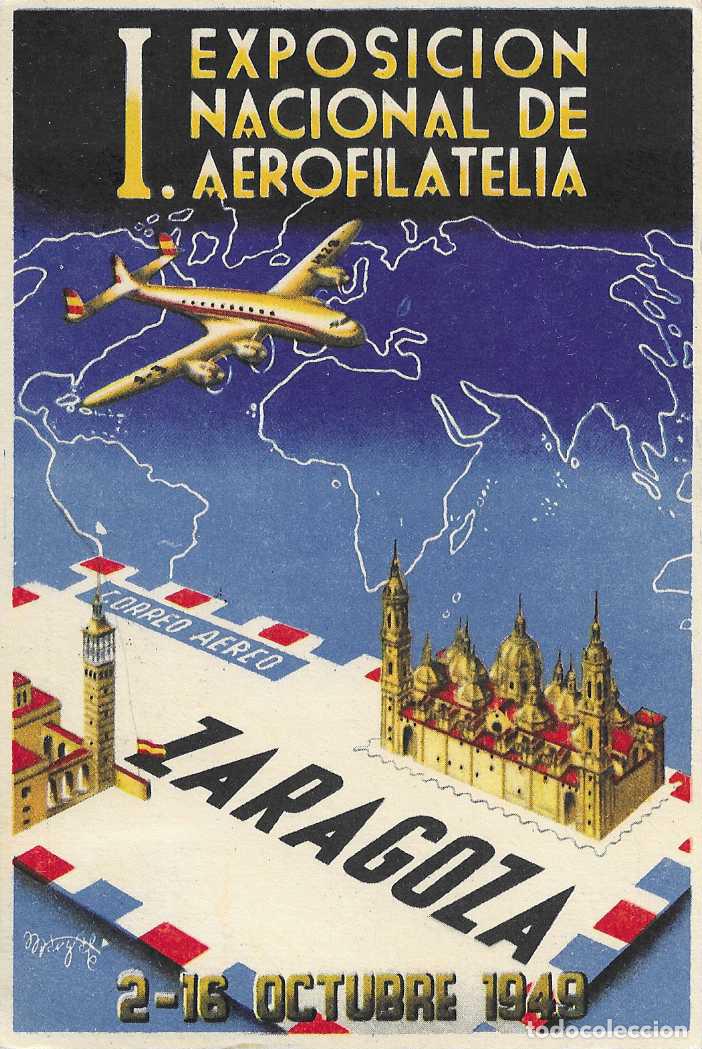 Sellos: EXPOSICION AEROFILATELICA, ZARAGOZA 1949. MATASELLOS EN BONITA TARJETA CIRCULADA RARO ASI VER