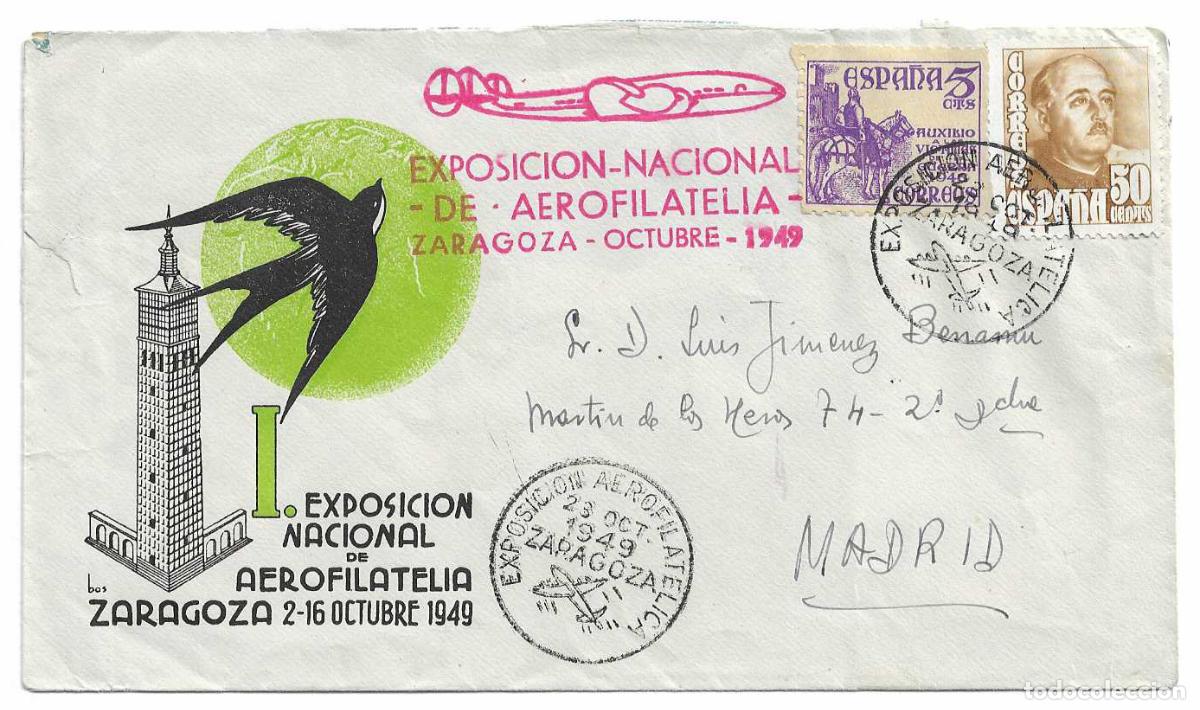 Sellos: RARO MARCA ROJA EXPOSICION AEROFILATELICA, ZARAGOZA 1949. MATASELLOS EN SOBRE CIRCULADO DE EG VER