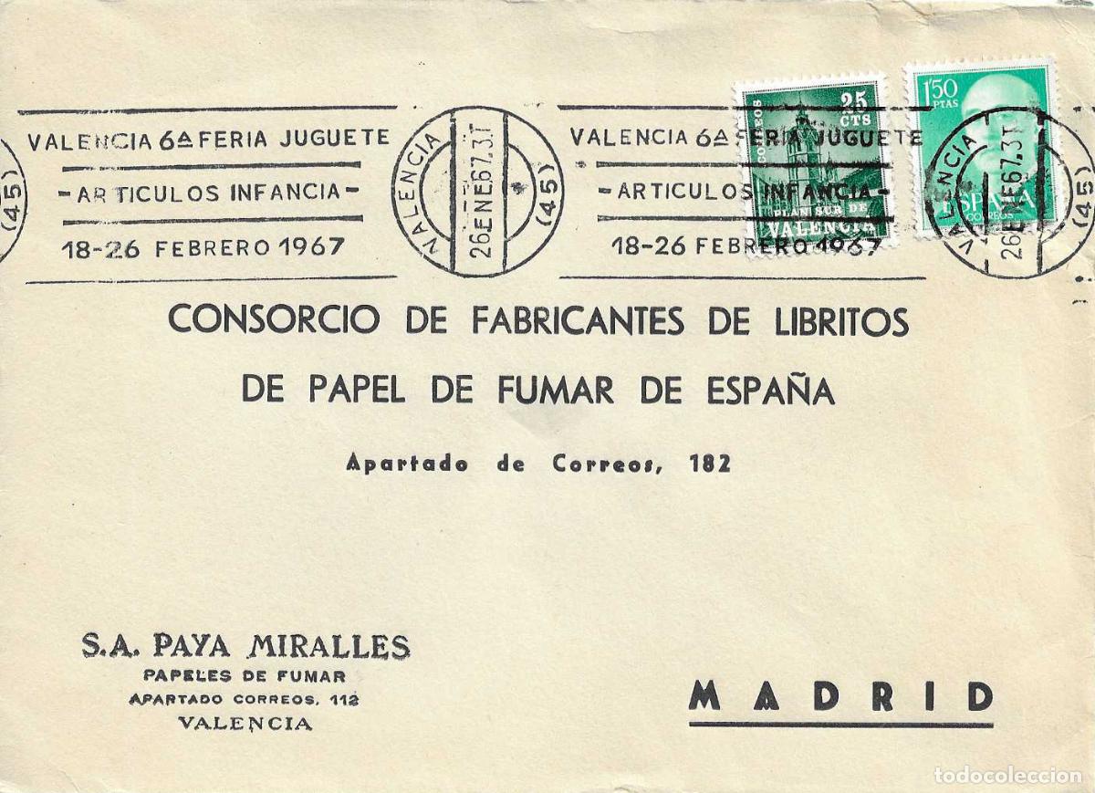 Sellos: RARO 6&ordf; FERIA JUGUETE ARTICULOS INFANCIA, VALENCIA 1967. MATASELLOS RODILLO EN SOBRE PAYA MIRALLES
