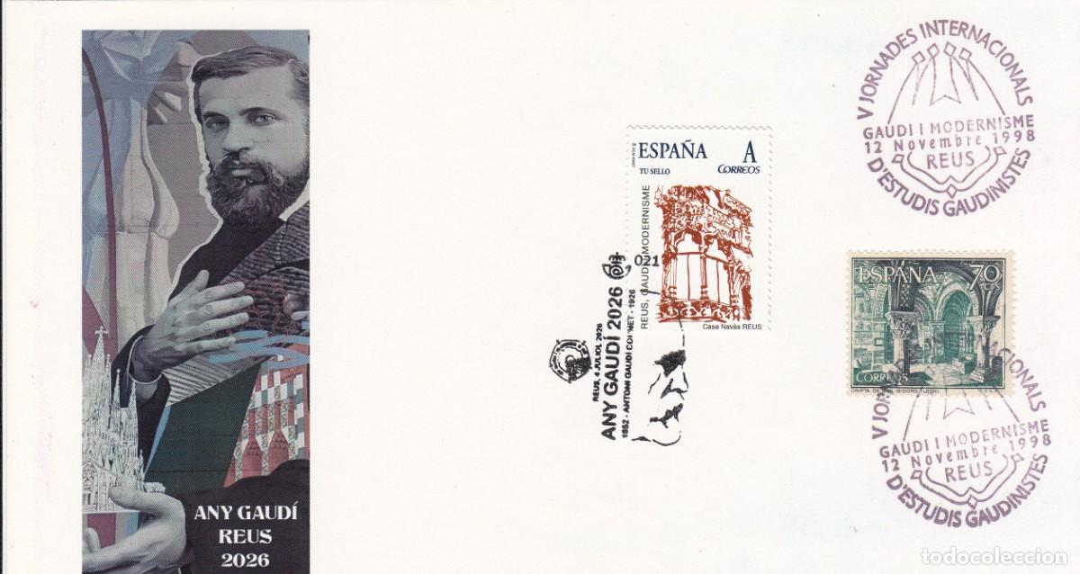 Timbres: MATASELLOS ANY GAUD&Iacute; - REUS -MATASELLOS ORIGINAL DE 1998 Y 2026 EN TARJETA IMAGEN MURAL