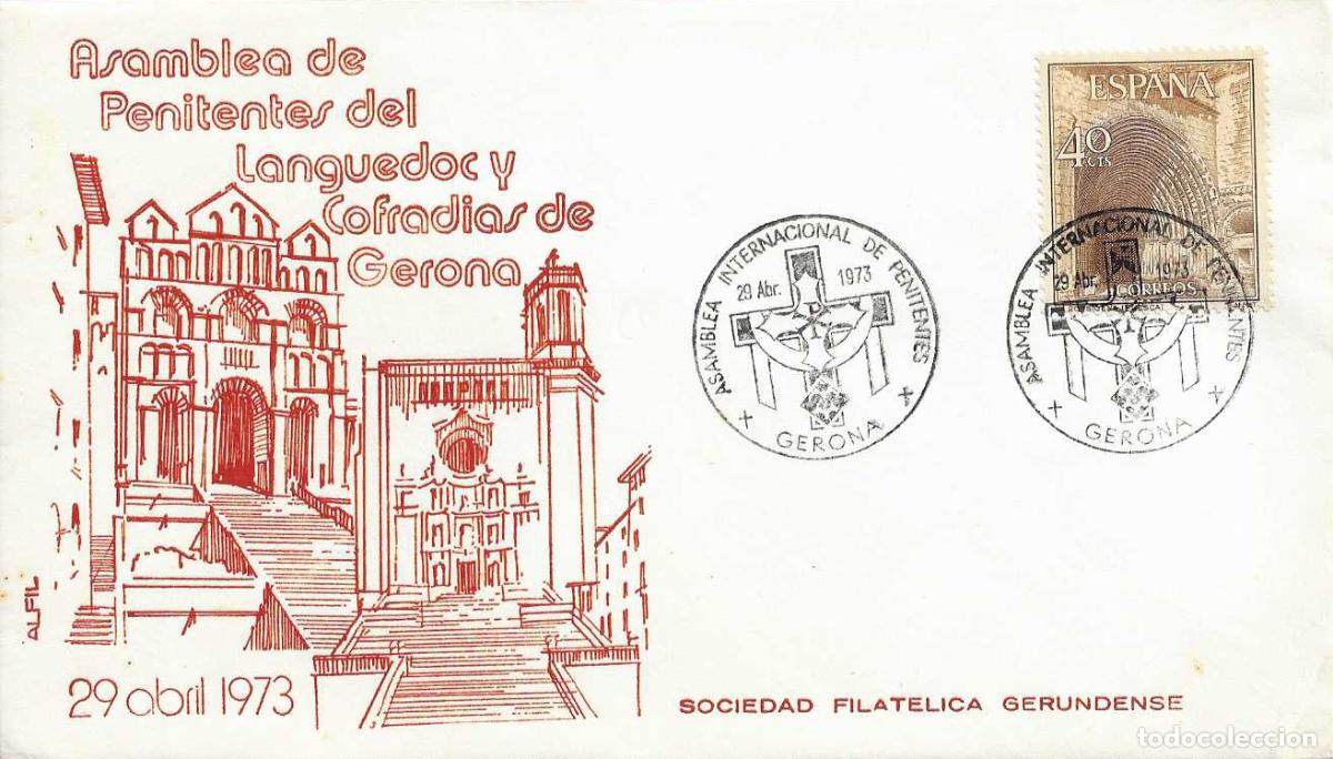 Sellos: SEMANA SANTA ASAMBLEA COFRADIAS Y PENITENTES, GERONA 1973 RARO MATASELLOS EN SOBRE DE ALFIL RELIGION