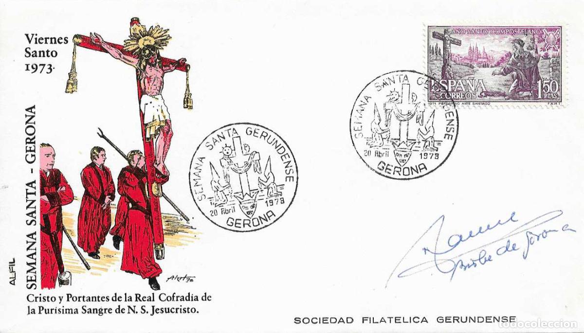 Sellos: MUY RARO SEMANA SANTA GERUNDENSE, GERONA 1973. MATASELLOS EN SOBRE ALFIL RELIGION FIRMADO OBISPO VER