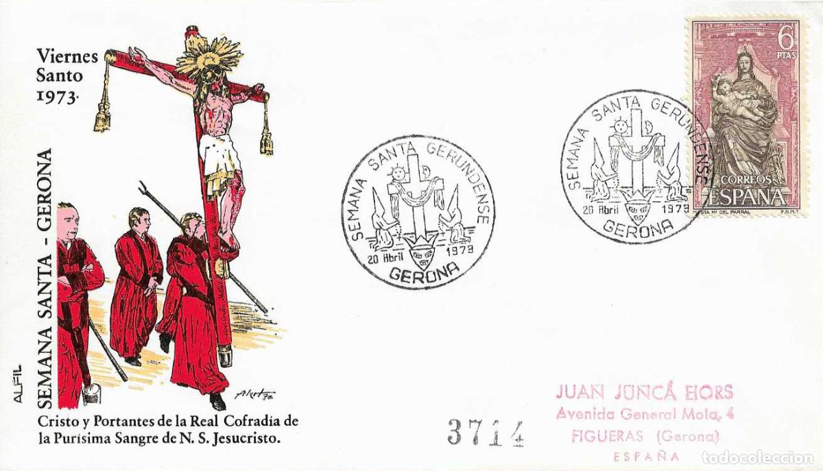 Sellos: SEMANA SANTA GERUNDENSE, GERONA 1973. MATASELLOS EN SOBRE CIRCULADO DE ALFIL RELIGION RARO ASI VER