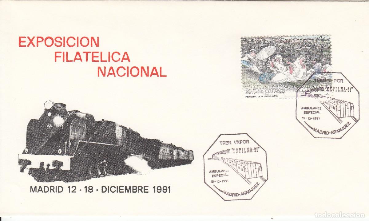 Sellos: TEM. TRENES - FERROCARRIL - MATASELLOS TREN VAPOR - EXFILNA - 91 MADRID - ARANJUEZ