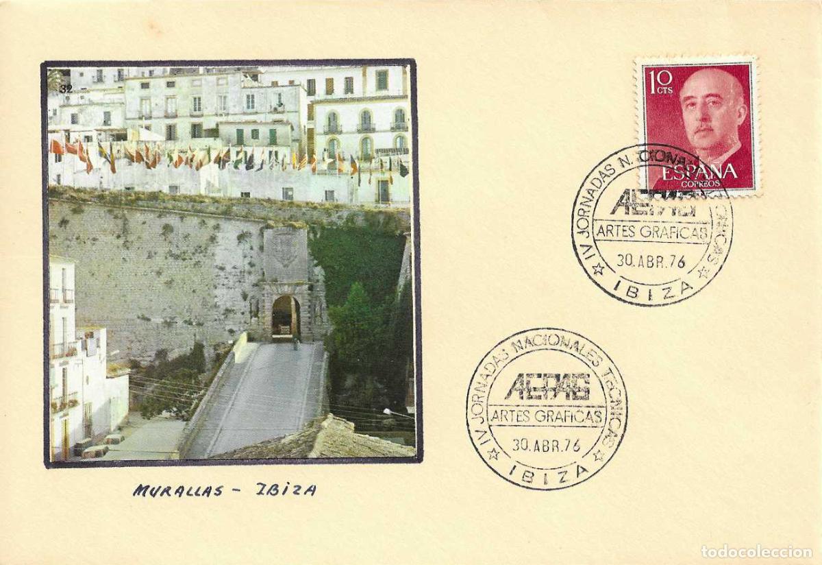 Sellos: ARTES GRAFICAS IV JORNADAS TECNICAS, IBIZA (BALEARES) 30 ABRIL 1976 MATASELLOS EN SOBRE RARO ASI VER