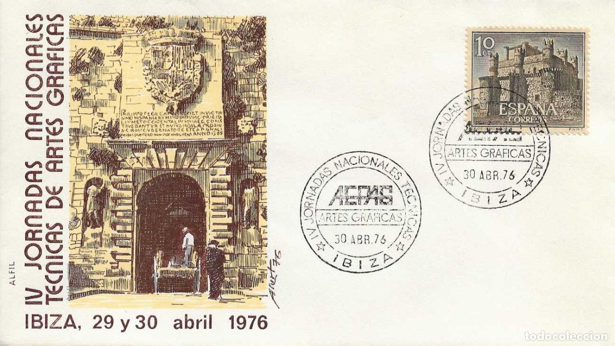 Sellos: ARTES GRAFICAS IV JORNADAS TECNICAS, IBIZA (BALEARES) 30 ABRIL 1976. RARO MATASELLOS EN SOBRE ALFIL