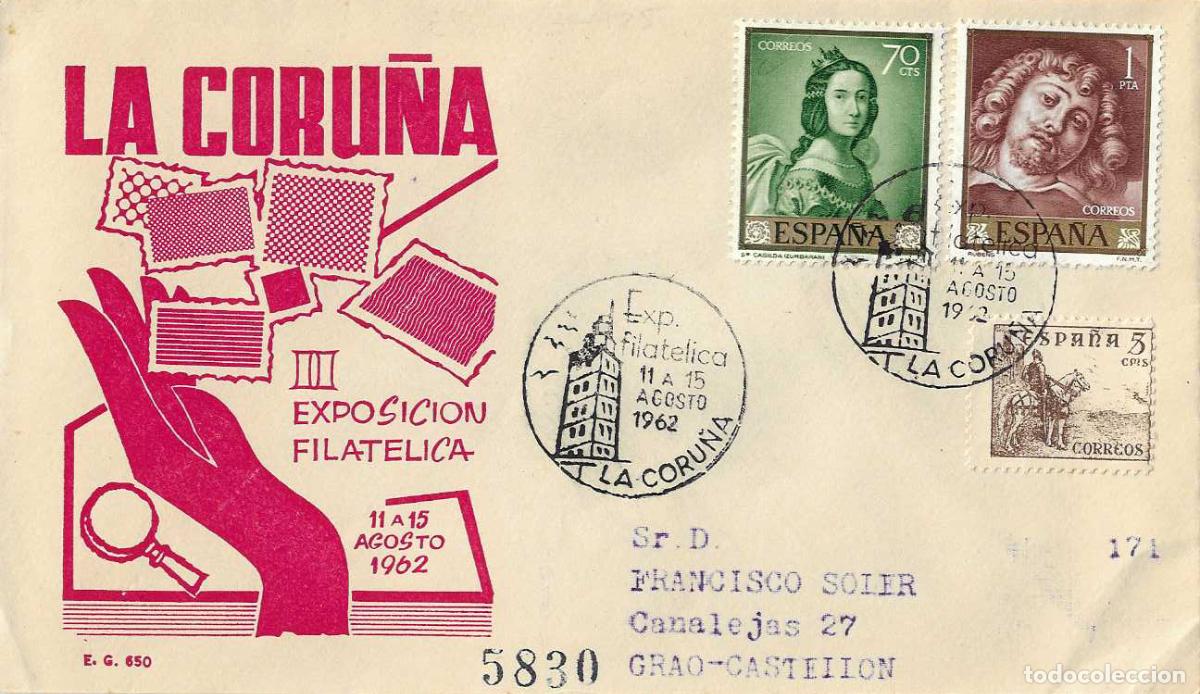 Sellos: FAROS TORRE DE HERCULES II EXPOSICION, LA CORU&Ntilde;A 1962. MATASELLOS EN SOBRE CIRCULADO EG MUY RARO ASI