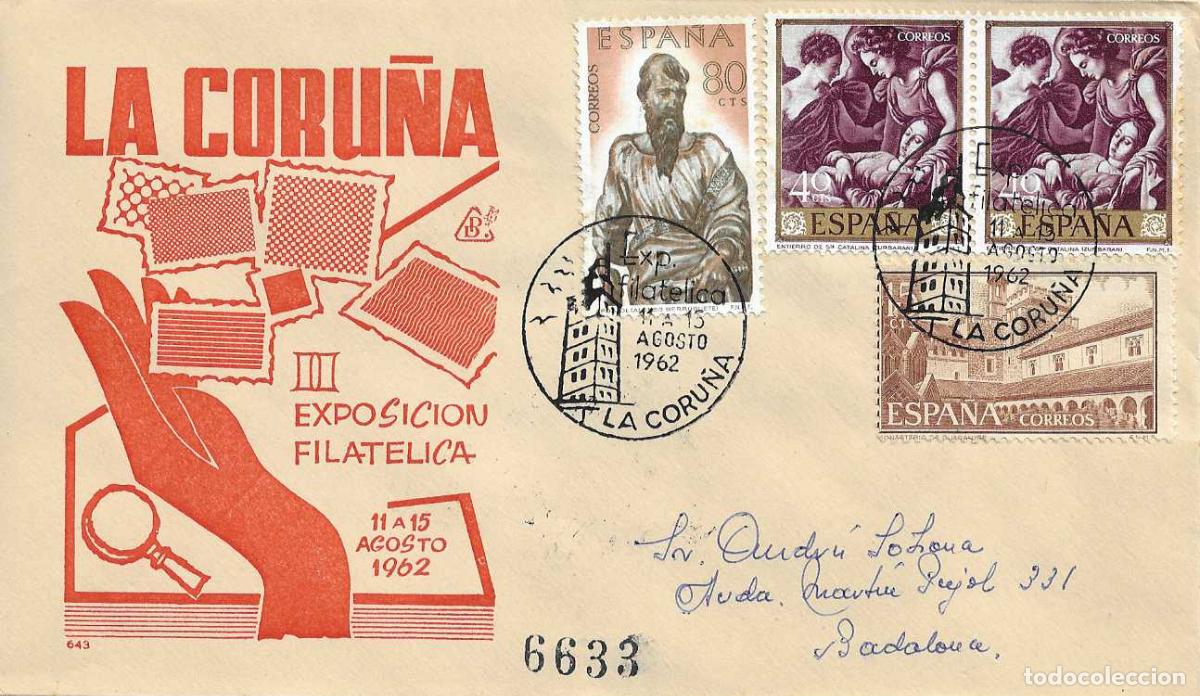 Sellos: FAROS TORRE DE HERCULES II EXPOSICION, LA CORU&Ntilde;A 1962 MATASELLOS EN SOBRE CIRCULADO DP RARO ASI RWR