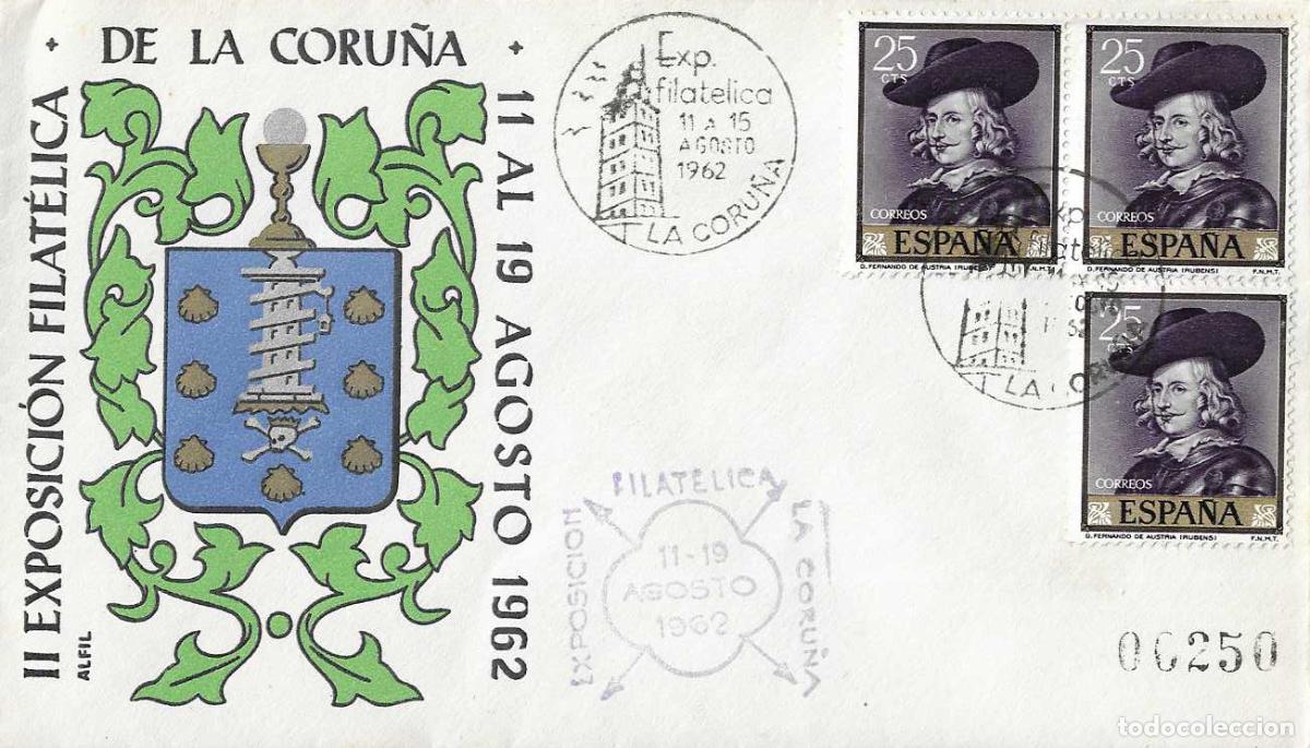 Sellos: MUY RARO VI&Ntilde;ETA Y FIRMADO FAROS TORRE DE HERCULES II EXPOSICION, LA CORU&Ntilde;A 1962 MATASELLOS SOBRE VER