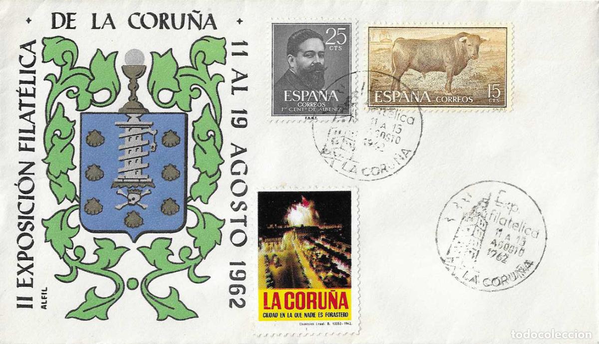 Sellos: RARO VI&Ntilde;ETA FAROS TORRE DE HERCULES II EXPOSICION, LA CORU&Ntilde;A 1962. MATASELLOS EN SOBRE DE ALFIL VER