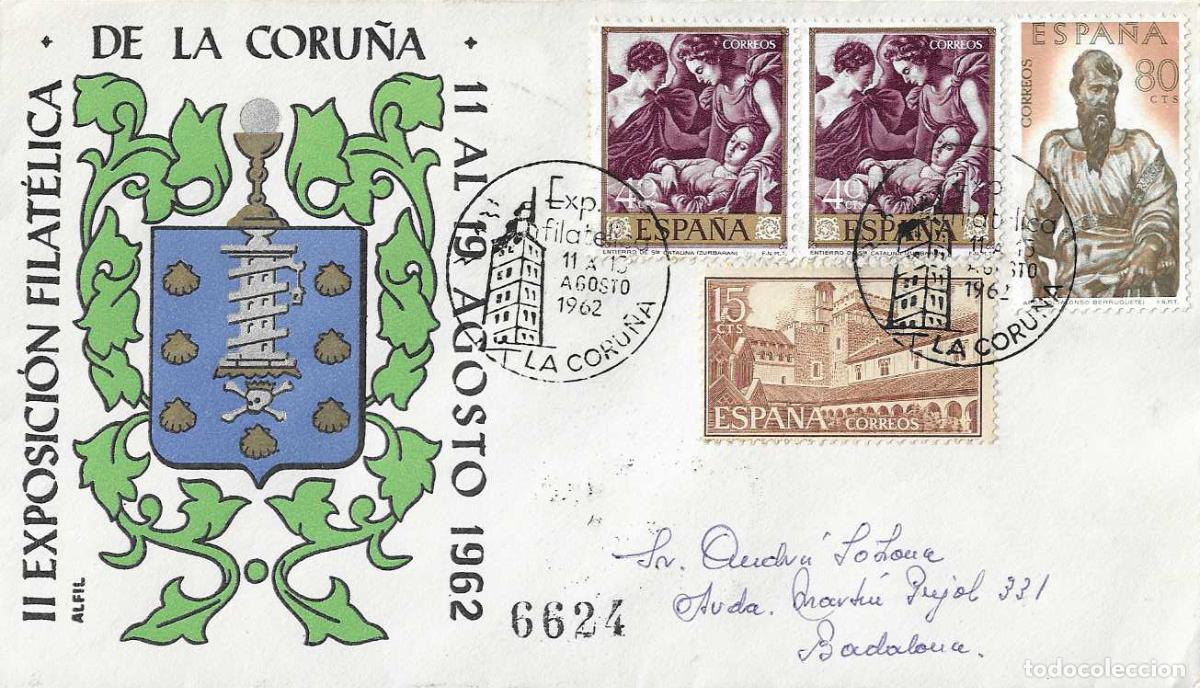 Sellos: FAROS TORRE DE HERCULES II EXPOSICION, LA CORU&Ntilde;A 1962. RARO MATASELLOS EN SOBRE CIRCULADO DE ALFIL