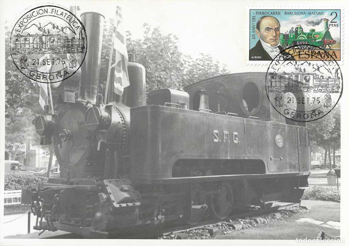 Sellos: TRENES TRASLADO CARRILET DE SAN FELIU EXPOSICION, GERONA 1975 MATASELLOS FERROCARRIL EN TARJETA RARO