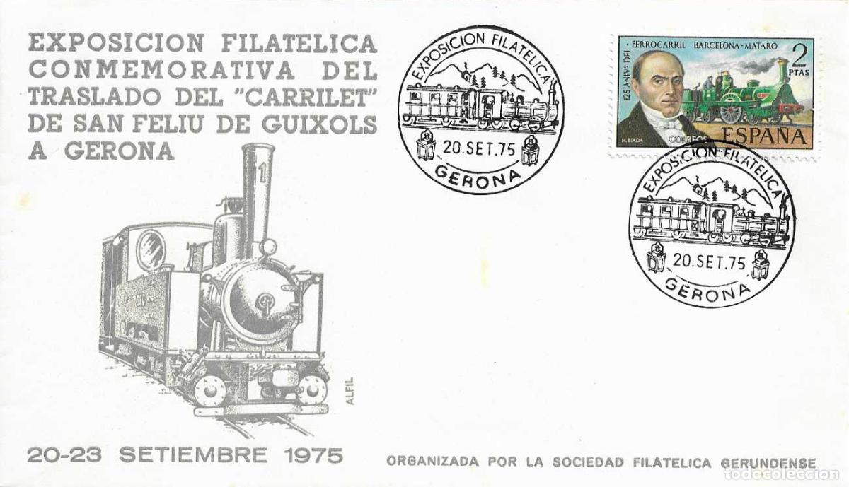 Sellos: TRENES TRASLADO CARRILET SAN FELIU EXP, GERONA 20 SEPTIEMBRE 1975 MATASELLOS FERROCARRIL SOBRE ALFIL