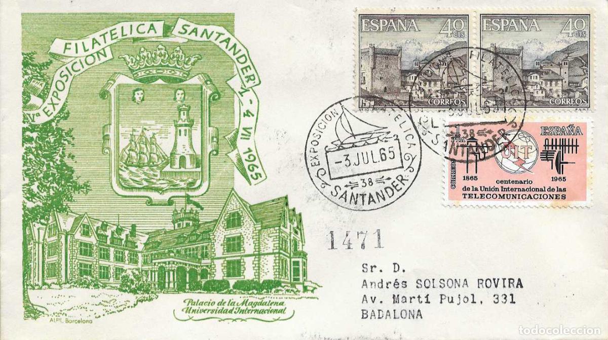Sellos: BARCOS V EXPOSICION FILATELICA, SANTANDER 1965. RARO MATASELLOS EN SOBRE ALFIL PALACIO MAGDALENA RWR