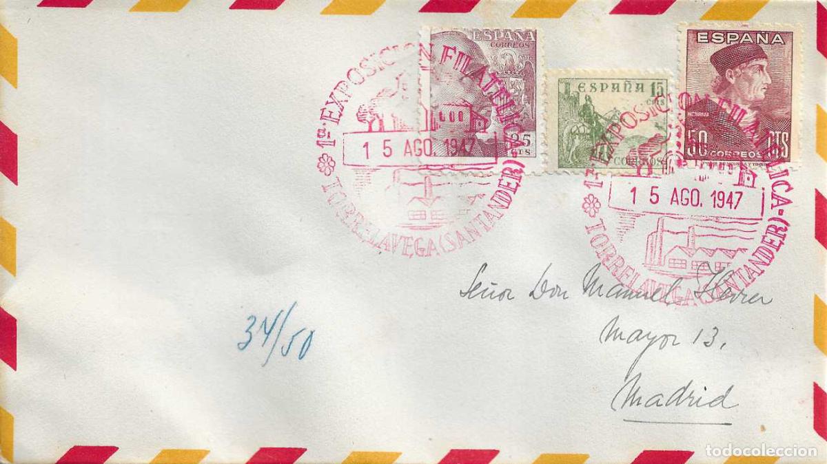 Sellos: 1&ordf; EXPOSICION FILATELICA TORRELAVEGA SANTANDER CANTABRIA 1947. RARO MATASELLOS EN SOBRE CIRCULADO