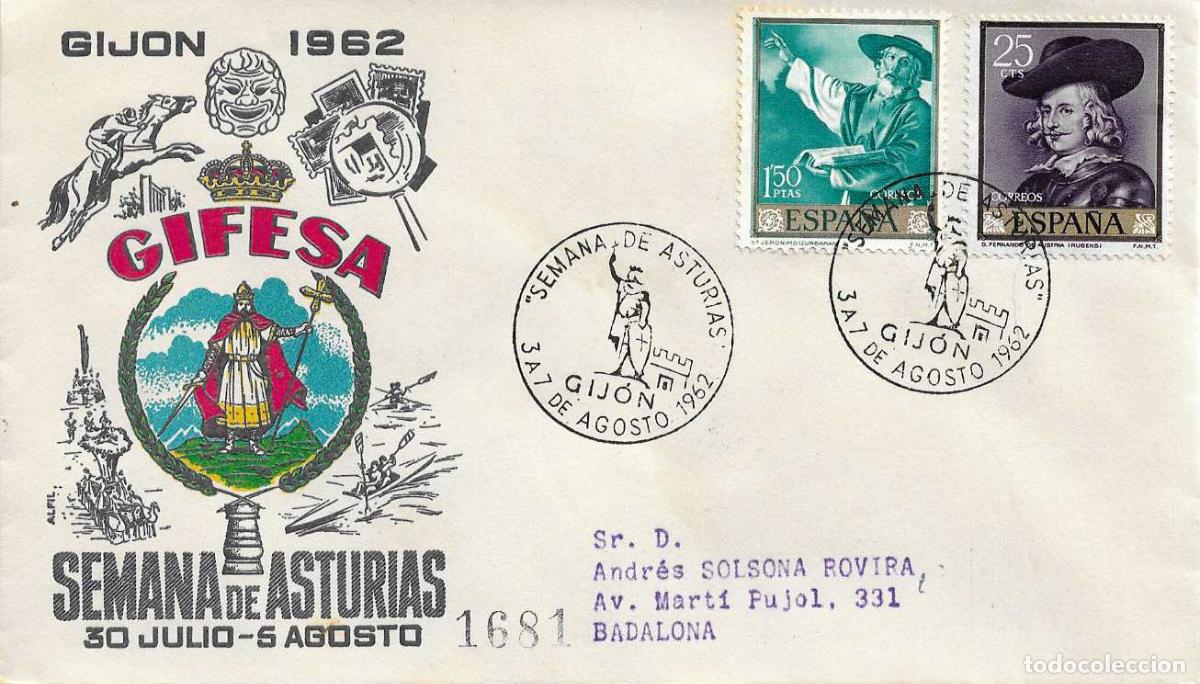 Sellos: MONUMENTO A DON PELAYO SEMANA DE ASTURIAS, GIJON 1962. RARO MATASELLOS EN SOBRE CIRCULADO ALFIL RWR