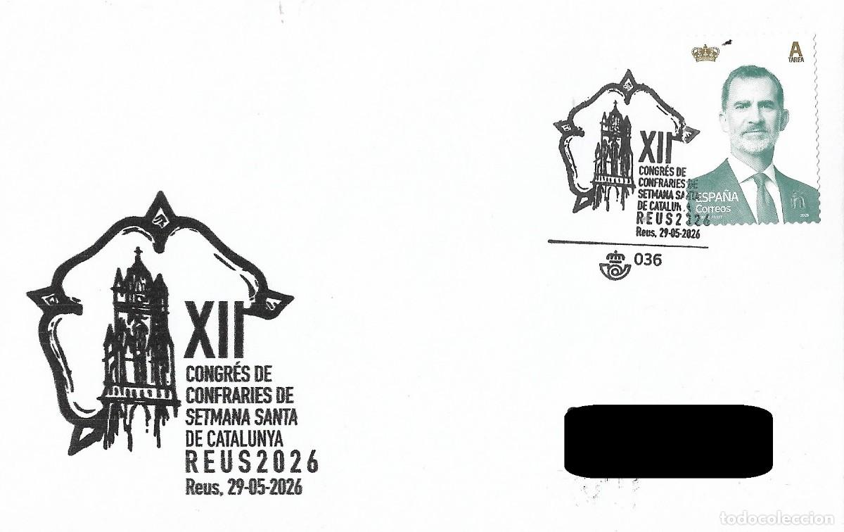 Sellos: ESPA&Ntilde;A. MATASELLOS ESPECIAL. CONGRESO DE COFRADIAS DE SEMANA SANTA DE CATALU&Ntilde;A. REUS. 2026