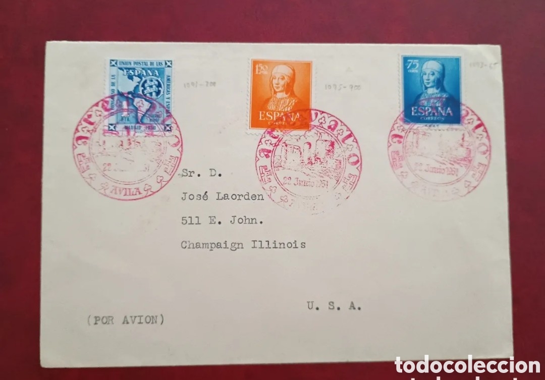 Sellos: ESPA&Ntilde;A 1951 - V CENTENARIO DE LA REINA ISABEL LA CAT&Oacute;LICA - MATASELLOS DE AR&Eacute;VALO (&Aacute;VILA)