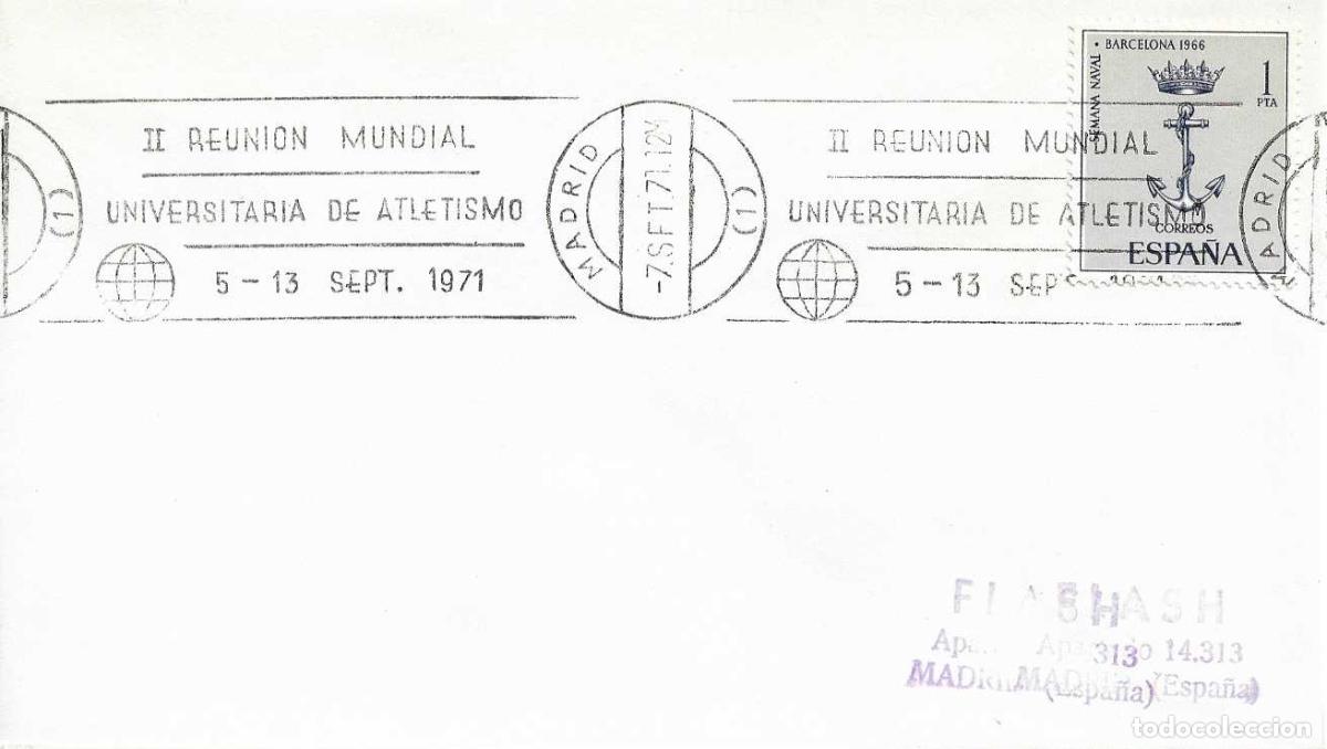Sellos: DEPORTES ATLETISMO II REUNION MUNDIAL UNIVERSITARIA, MADRID 1971. RARO MATASELLOS RODILLO EN SOBRE