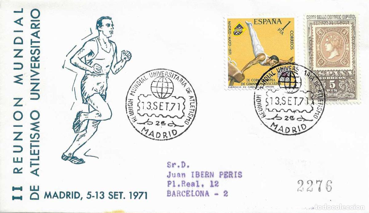 Sellos: ATLETISMO II REUNION MUNDIAL UNIVERSITARIA, MADRID 1971. RARO MATASELLOS EN SOBRE DE ALFIL RWR